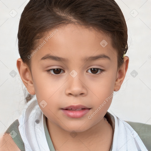 Joyful white child female with short  brown hair and brown eyes