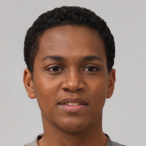 Neutral black young-adult female with short  black hair and brown eyes