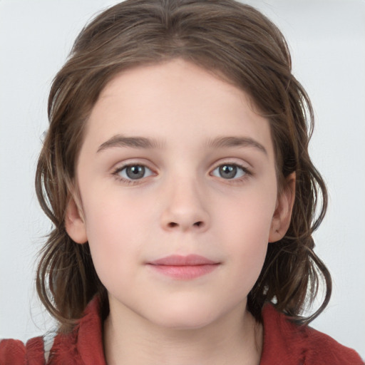 Neutral white child female with medium  brown hair and grey eyes