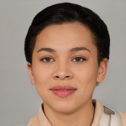 Joyful asian young-adult female with short  brown hair and brown eyes