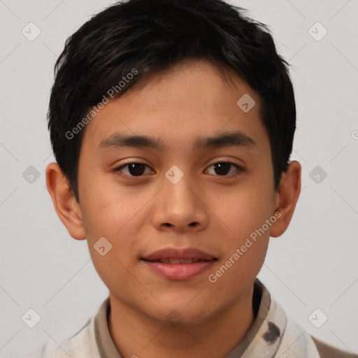 Joyful latino young-adult male with short  brown hair and brown eyes