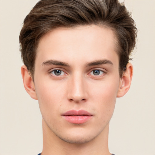 Neutral white young-adult male with short  brown hair and brown eyes