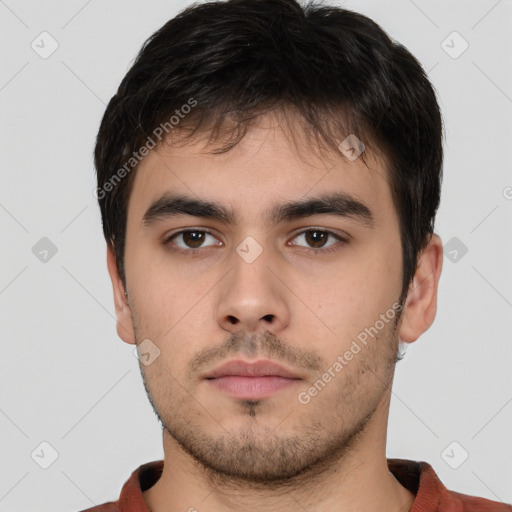 Neutral white young-adult male with short  brown hair and brown eyes