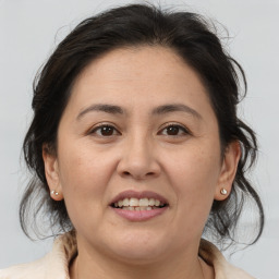 Joyful white adult female with medium  brown hair and brown eyes