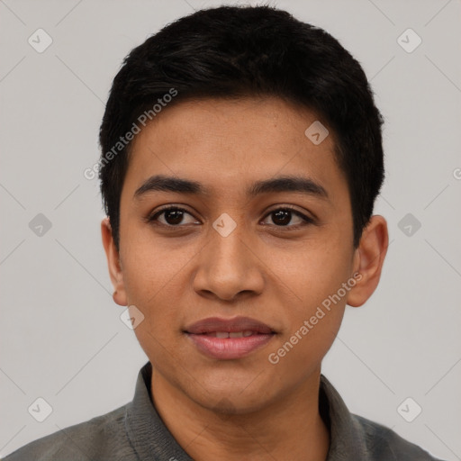 Joyful latino young-adult male with short  black hair and brown eyes