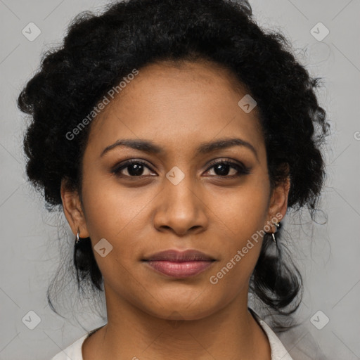 Joyful black young-adult female with medium  black hair and brown eyes