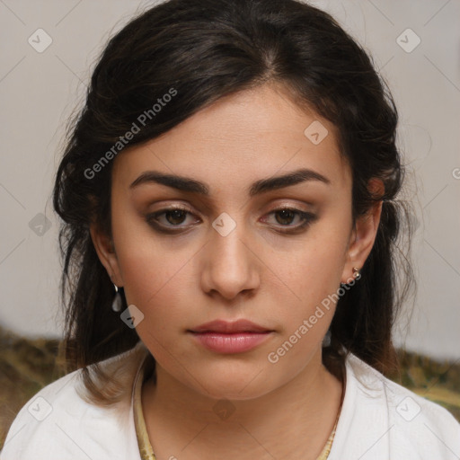 Neutral white young-adult female with medium  brown hair and brown eyes