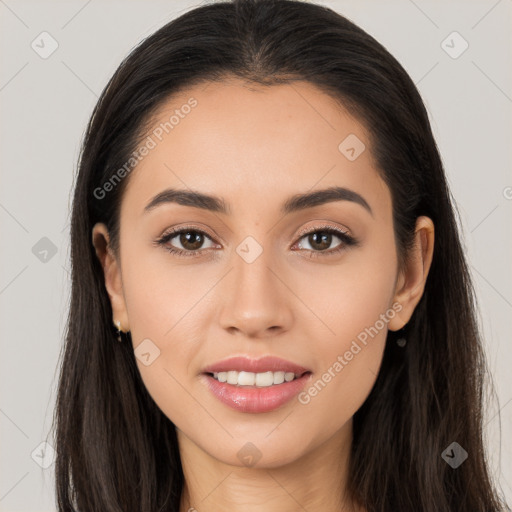 Joyful white young-adult female with long  brown hair and brown eyes