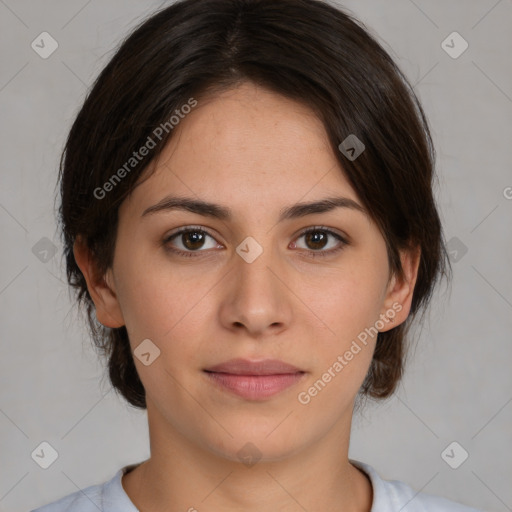 Neutral white young-adult female with medium  brown hair and brown eyes