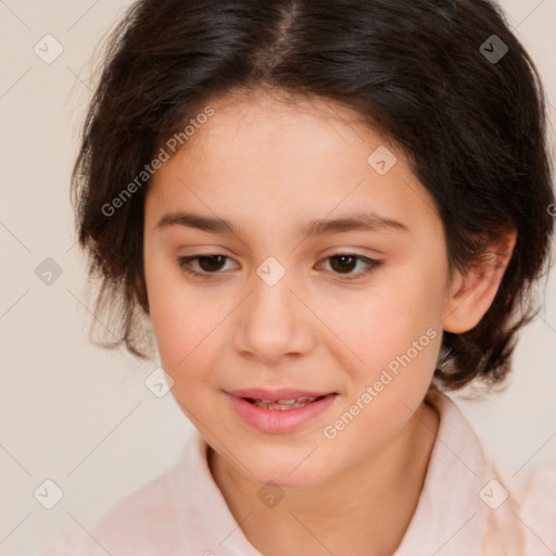 Joyful white child female with medium  brown hair and brown eyes