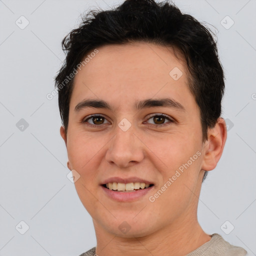 Joyful white young-adult female with short  brown hair and brown eyes