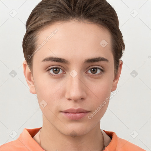 Neutral white young-adult female with short  brown hair and brown eyes