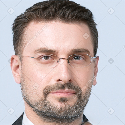 Neutral white adult male with short  brown hair and brown eyes