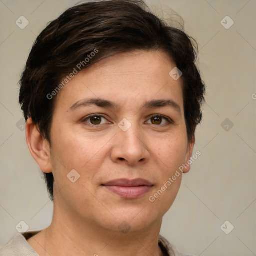 Joyful white adult female with short  brown hair and brown eyes