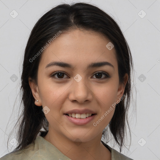 Joyful asian young-adult female with medium  brown hair and brown eyes