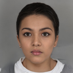 Neutral latino young-adult female with short  brown hair and brown eyes