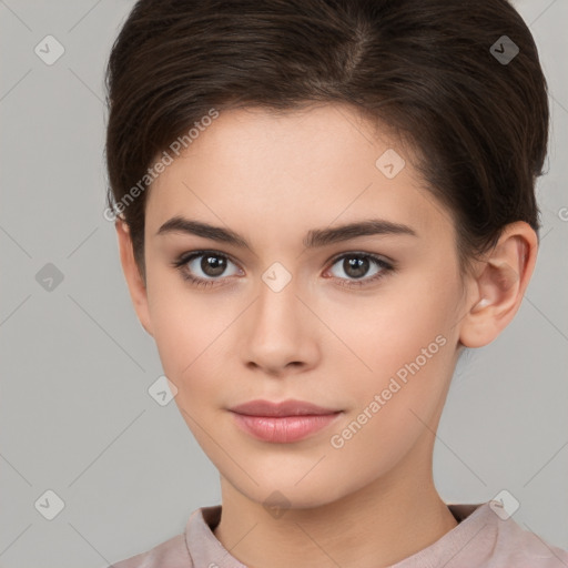 Neutral white young-adult female with short  brown hair and brown eyes