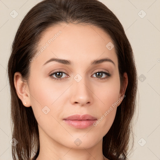 Neutral white young-adult female with medium  brown hair and brown eyes