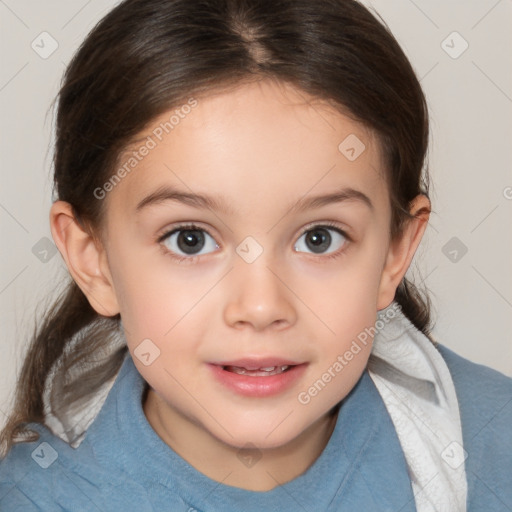 Joyful white child female with medium  brown hair and brown eyes