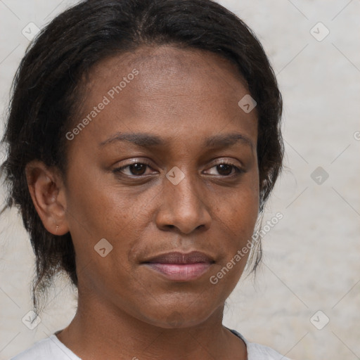 Joyful black young-adult female with medium  brown hair and brown eyes