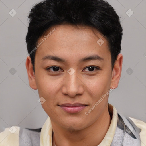 Joyful latino young-adult female with short  black hair and brown eyes