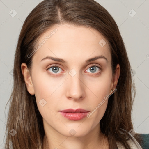 Neutral white young-adult female with long  brown hair and grey eyes