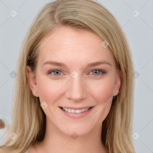 Joyful white young-adult female with long  brown hair and grey eyes