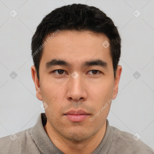 Neutral asian young-adult male with short  black hair and brown eyes