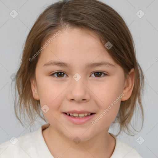 Joyful white child female with medium  brown hair and brown eyes