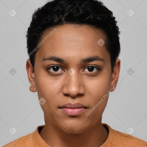 Neutral latino young-adult female with short  black hair and brown eyes