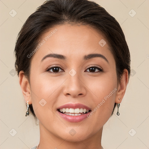 Joyful white young-adult female with medium  brown hair and brown eyes