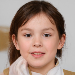 Joyful white child female with medium  brown hair and brown eyes