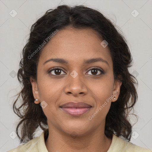 Joyful black young-adult female with medium  brown hair and brown eyes