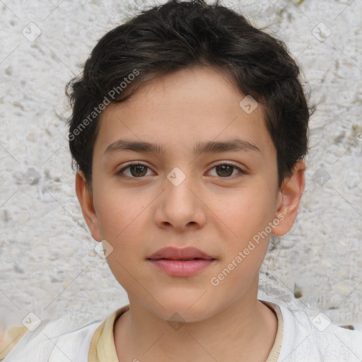 Joyful white child female with short  brown hair and brown eyes