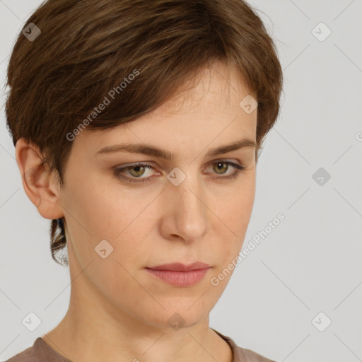 Neutral white young-adult female with short  brown hair and brown eyes