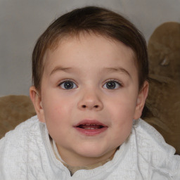 Joyful white child female with short  brown hair and blue eyes