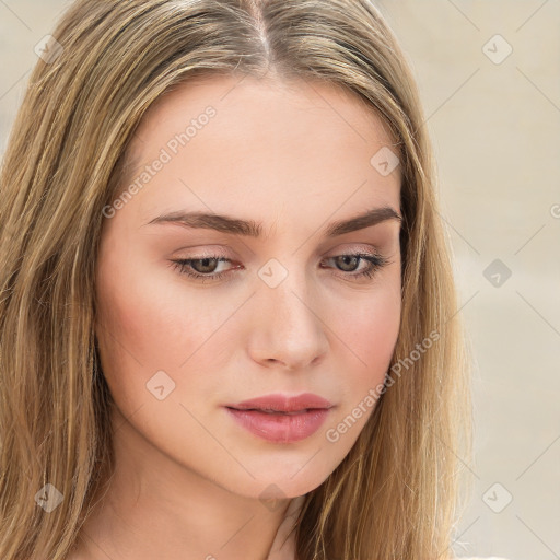 Neutral white young-adult female with long  brown hair and brown eyes