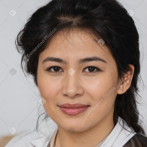 Joyful latino young-adult female with medium  brown hair and brown eyes