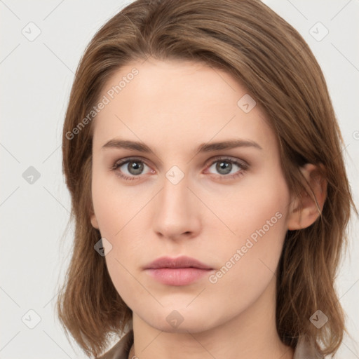 Neutral white young-adult female with medium  brown hair and grey eyes