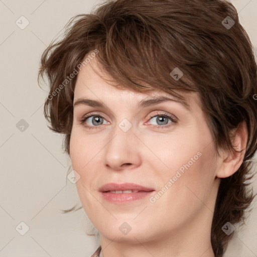 Joyful white young-adult female with medium  brown hair and blue eyes