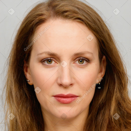 Joyful white young-adult female with long  brown hair and green eyes