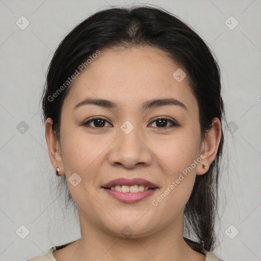 Joyful white young-adult female with medium  brown hair and brown eyes