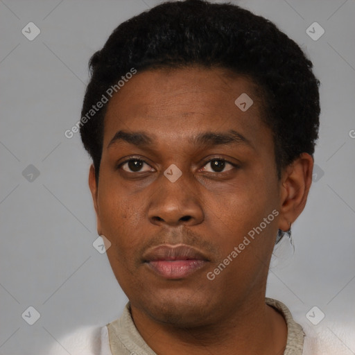 Neutral black young-adult male with short  black hair and brown eyes