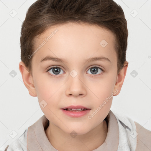 Joyful white child female with short  brown hair and brown eyes