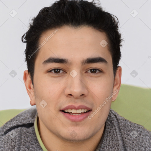 Joyful latino young-adult male with short  brown hair and brown eyes