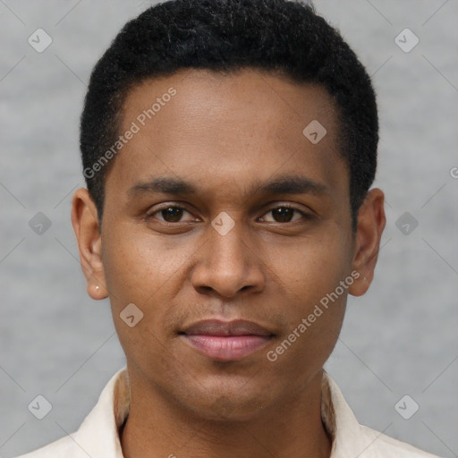 Joyful latino young-adult male with short  brown hair and brown eyes