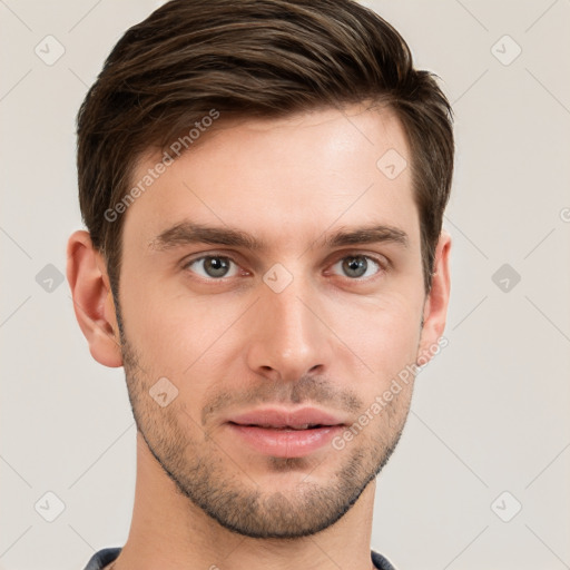 Neutral white young-adult male with short  brown hair and grey eyes