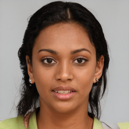 Neutral latino young-adult female with medium  black hair and brown eyes