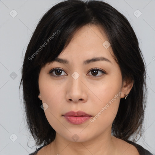 Neutral asian young-adult female with medium  brown hair and brown eyes