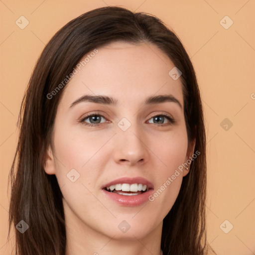 Joyful white young-adult female with long  brown hair and brown eyes